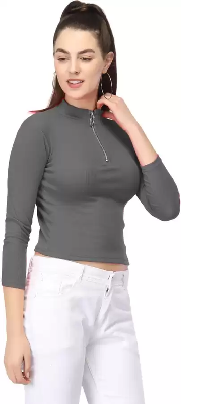 Front Zip Ribbed Top Free Size( Chest from 22 to 34)