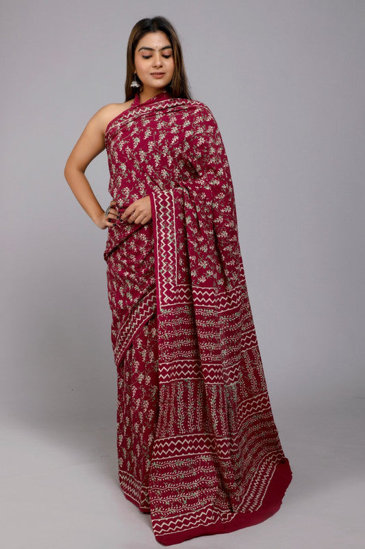 Maroon Beautiful Hand Block Printed Cotton Saree with Blouse!!