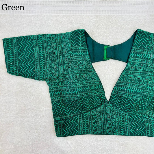 Green Coloured Georgette with Chikankari Work Deep Neck Woman Ready made Designer Blouse!!