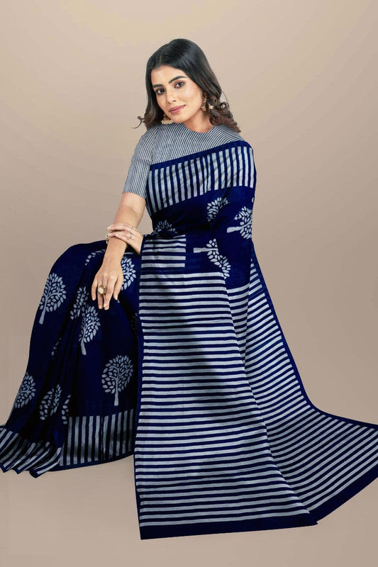 Blue & White Coloured Premium Mul Mul Cotton Beautiful Hand Block printed Women Daily/Party wear Saree with Blouse!!