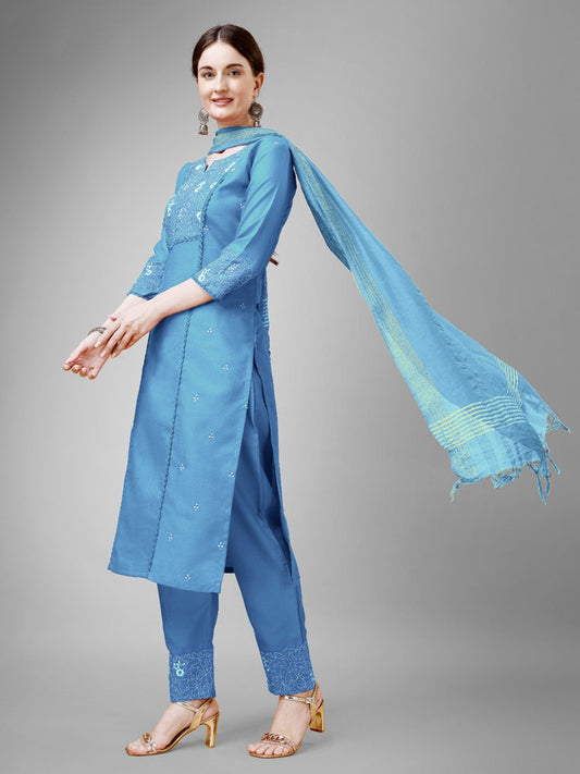 Sky Blue Coloured With Embroidery & Fancy Lace Work Women Designer Party/Casual wear Cotton Kurti with Pant & Dupatta!!
