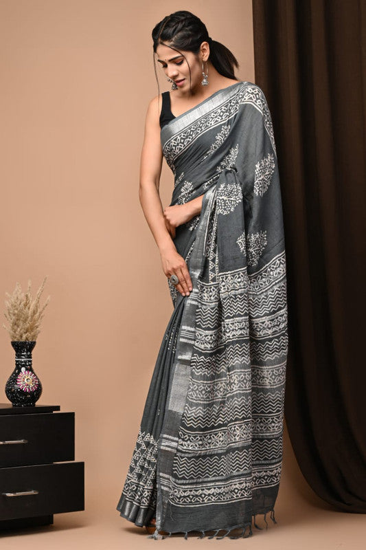 Latest Attractive Beautiful Designer Hand Block Print Linen Saree