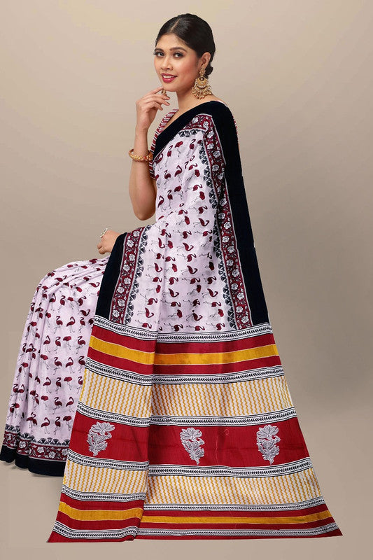 White & Black Coloured Premium Mul Mul Cotton Beautiful Hand Block printed Women Daily/Party wear Saree with Blouse!!