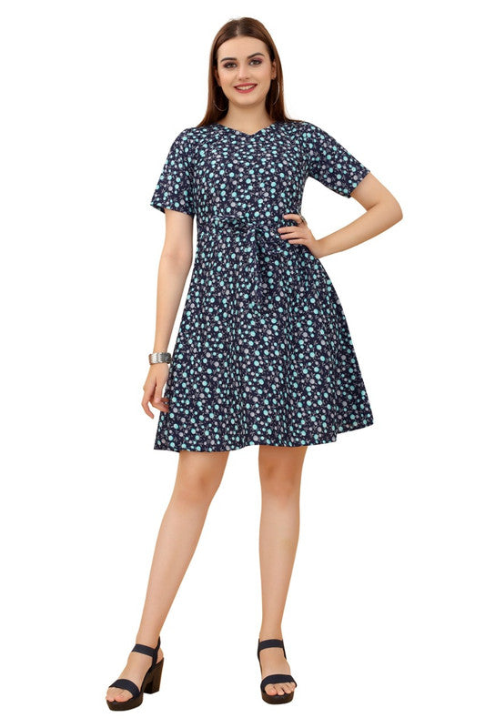 Navy Blue & Multi Coloured Premium Crepe Printed Short Sleeves Round Neck Women Daily wear Western Dress!!