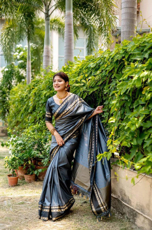 Grey & Gold Coloured Exclusive Soft Raw Silk with Contrast Temple woven Border Women Party wear Soft Raw Silk Saree with Blouse!!