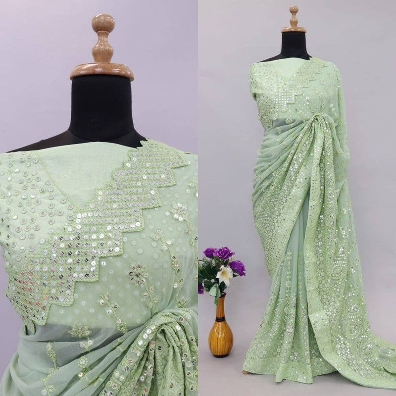 Pista Green Coloured Georgette Silk with Lucknowi Thread Chikankari & Sequence work Women Designer Party wear Fancy Georgette Silk Saree with Blouse!!