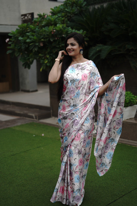 Blue & Off White Coloured Heavy Satin Japan Crape Soft Silk Floral Print Women Party wear Designer Fancy Satin Silk Saree with Blouse!!