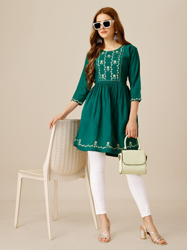 Rama Green Coloured Premium Rayon with Embroidery & Sequence Work Round Neck 3/4 Sleeves work Women Party/Daily wear Western Top!!