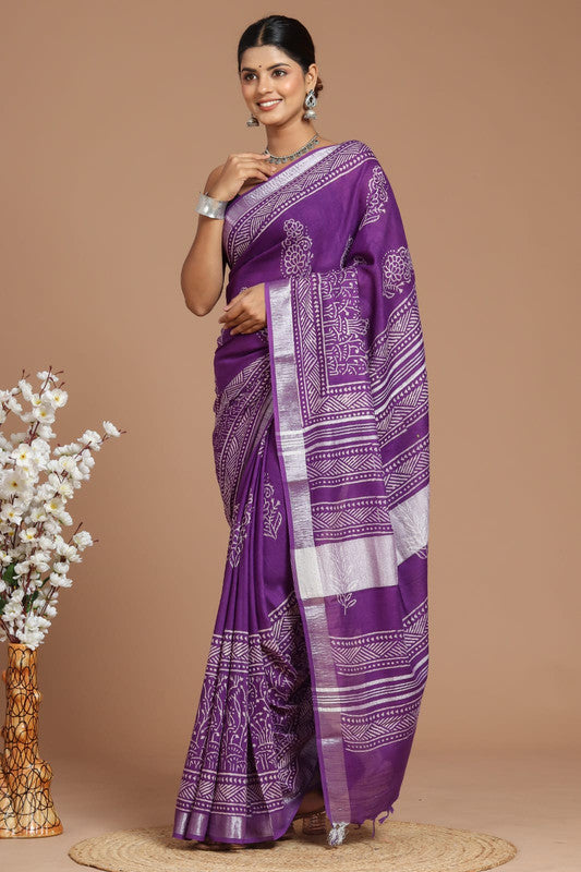 Purple & Multi Coloured Linen Cotton Beautiful Hand Block printed Women Daily/Party wear Saree with Blouse!!