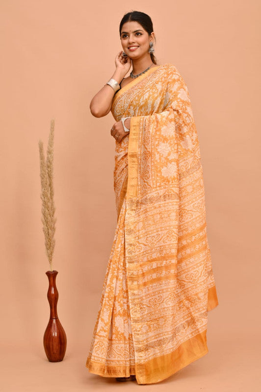 Mustard Yellow & Off White Coloured Hand Block Printed Women Designer Party wear Maheshwari Cotton Silk Saree with Runnin Blouse!!