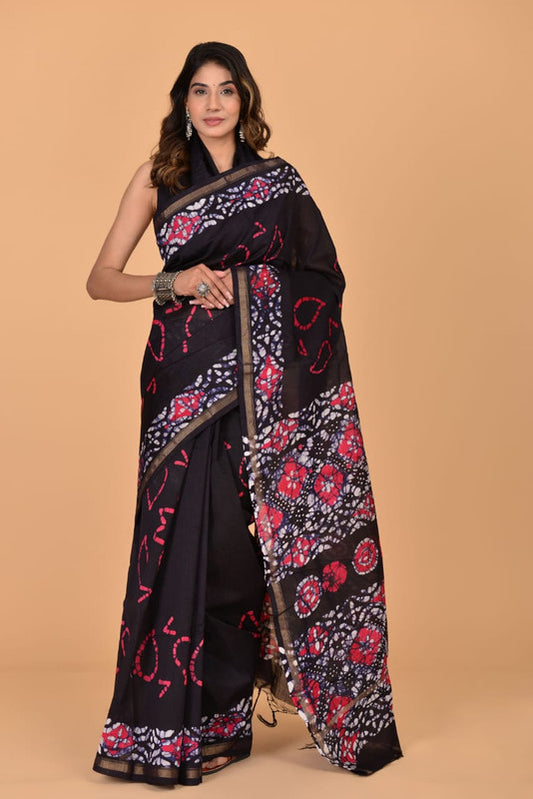 Black & Multi Coloured Hand Block Printed Women Designer Party wear Chanderi Cotton Silk Saree with Runnin Blouse!!