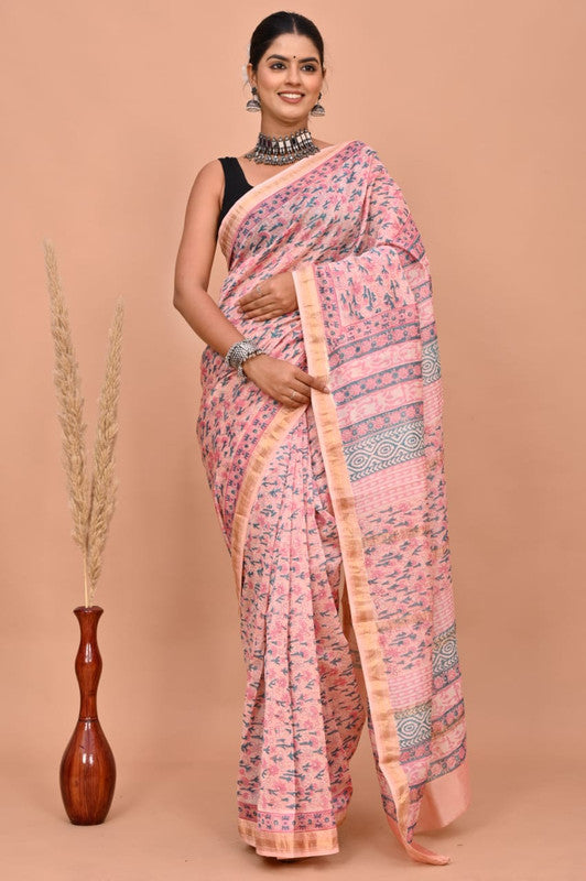 Pink & Multi Coloured Hand Block Printed Women Designer Party wear Maheshwari Cotton Silk Saree with Runnin Blouse!!