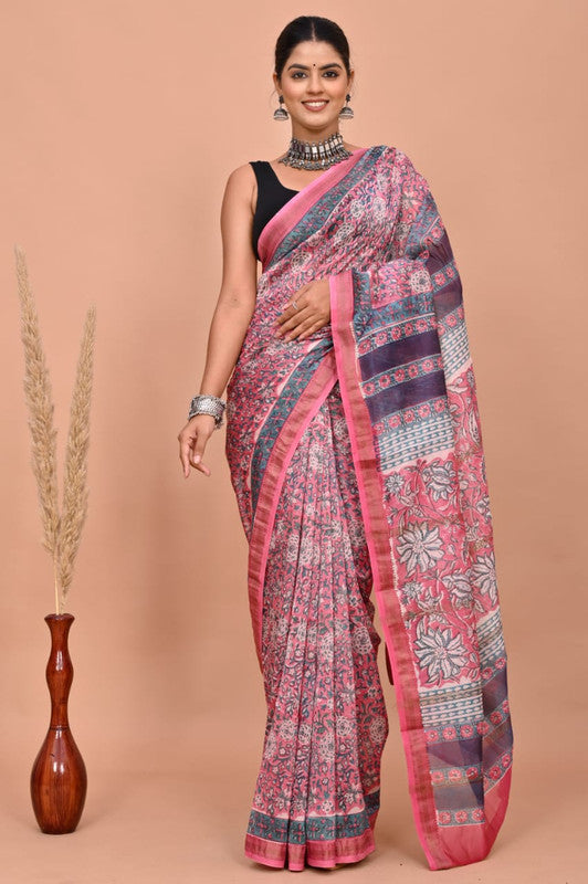 Pink & Multi Coloured Hand Block Printed Women Designer Party wear Maheshwari Cotton Silk Saree with Runnin Blouse!!