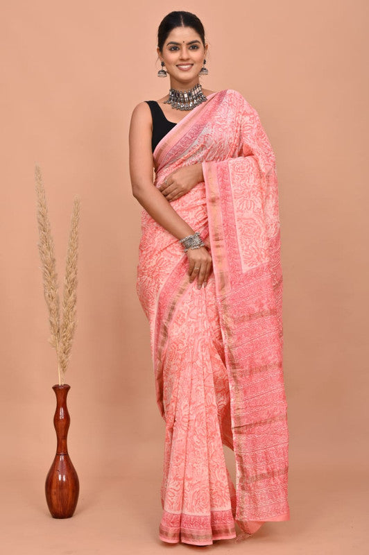 Pink & Multi Coloured Hand Block Printed Women Designer Party wear Maheshwari Cotton Silk Saree with Runnin Blouse!!