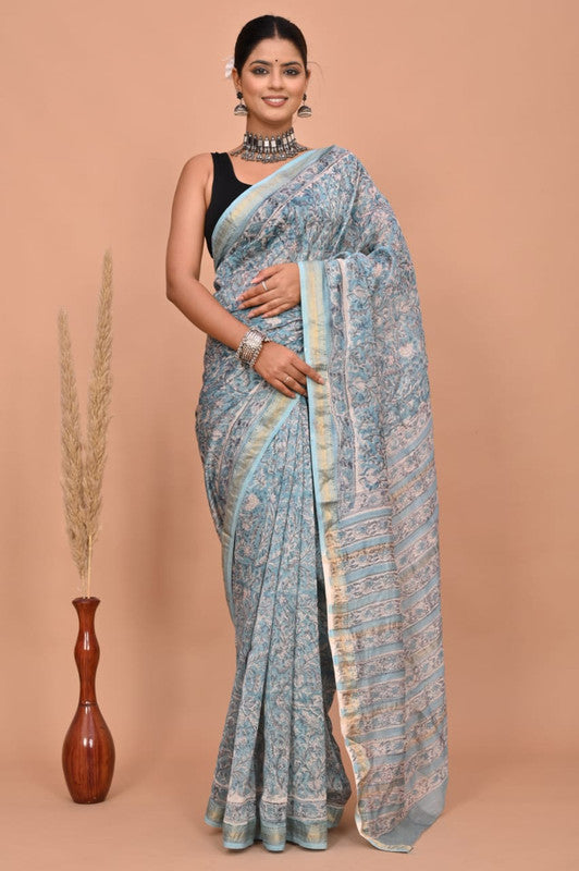 Blue & Multi Coloured Hand Block Printed Women Designer Party wear Maheshwari Cotton Silk Saree with Runnin Blouse!!