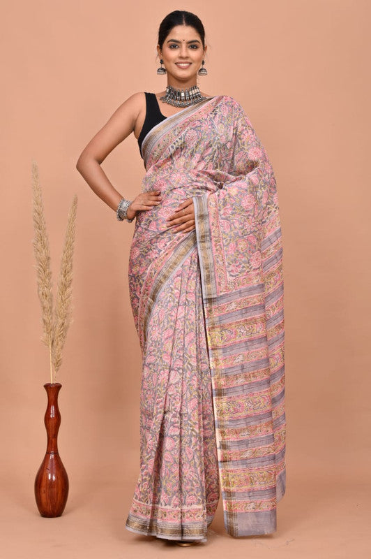 Pink & Multi Coloured Hand Block Printed Women Designer Party wear Maheshwari Cotton Silk Saree with Runnin Blouse!!