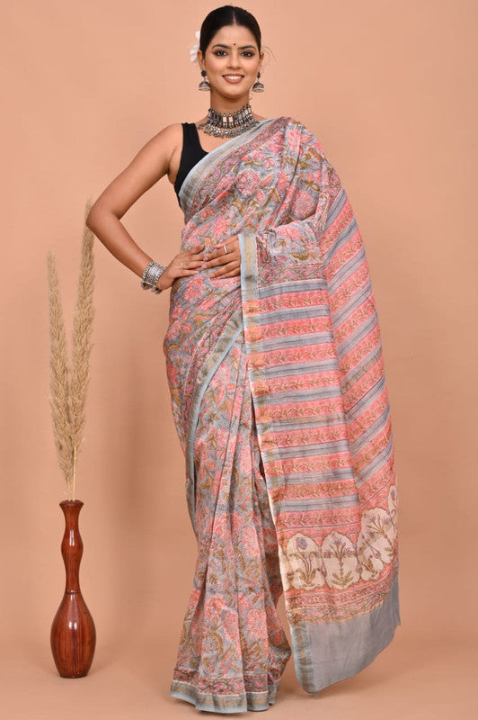 Pink & Multi Coloured Hand Block Printed Women Designer Party wear Maheshwari Cotton Silk Saree with Runnin Blouse!!