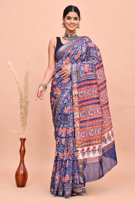 Blue & Multi Coloured Hand Block Printed Women Designer Party wear Maheshwari Cotton Silk Saree with Runnin Blouse!!