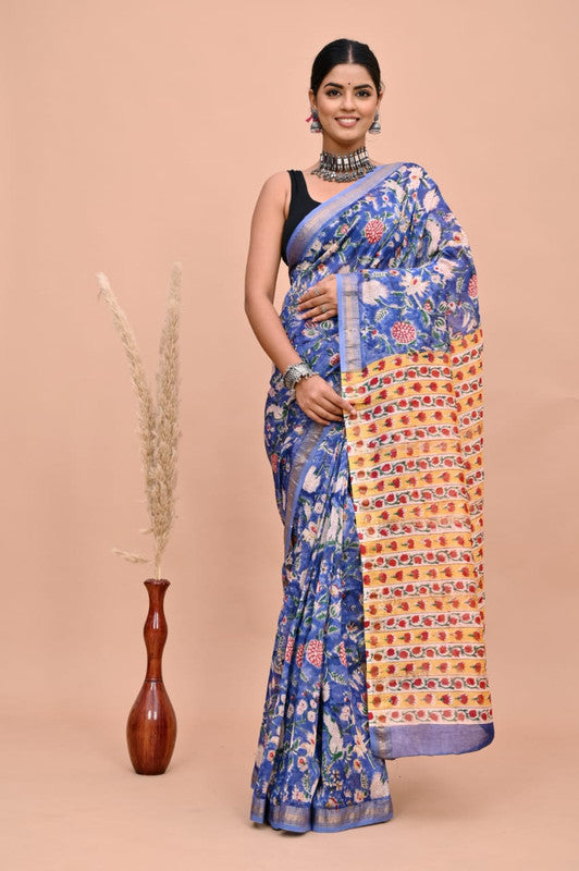 Blue & Multi Coloured Hand Block Printed Women Designer Party wear Maheshwari Cotton Silk Saree with Runnin Blouse!!