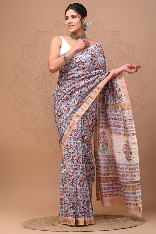 Peach & Multi Coloured Hand Block Printed Women Designer Party wear Maheshwari Cotton Silk Saree with Runnin Blouse!!