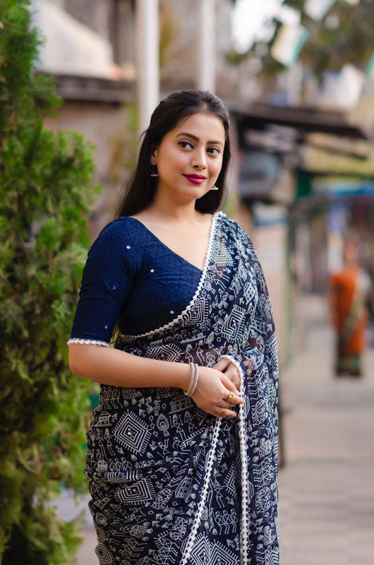 Navy Blue Saree Blouse | Navy blue saree, Blue saree, Blue saree blouse