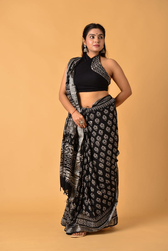 Black & Silver Coloured Linen Cotton with Beautiful Hand Block Printed Women Party/Daily wear Designer Linen Cotton Saree with Blouse!!