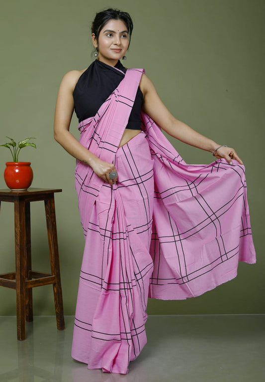 Pink & Black Coloured Hand Printed Super dying Quality Mul Cotton Women Daily wear Saree with Blouse!!