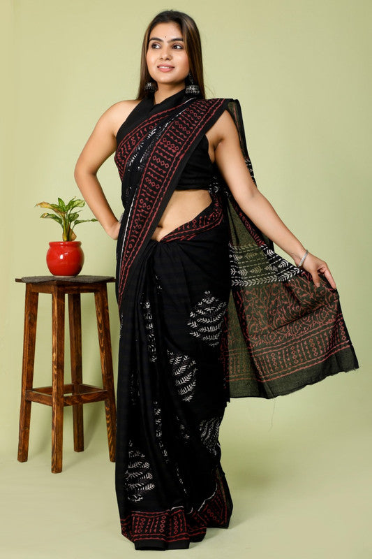 BEAUTIFUL BLACK HAND PRINTED MUL COTTON SAREE!!