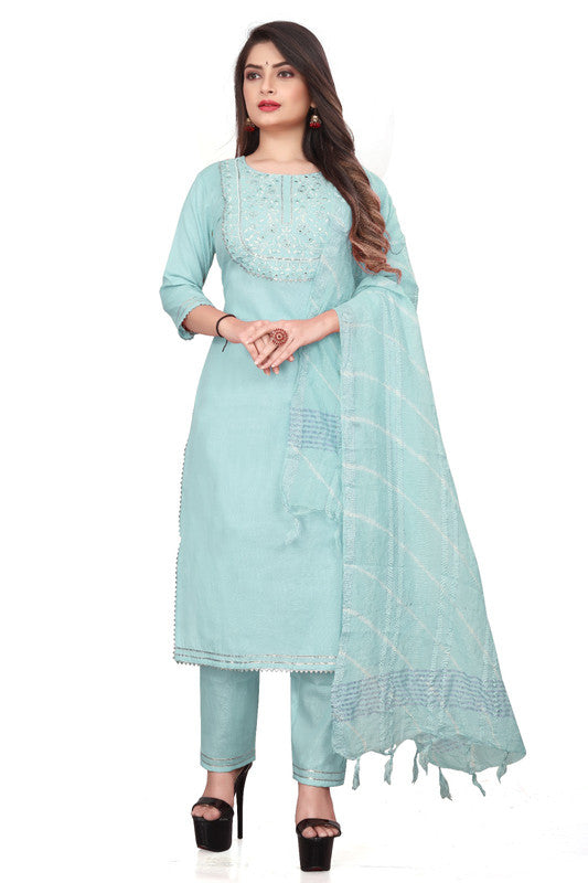 Sky Blue Coloured Pure Cotton with Embroidery work Round Neck 3/4 Sleeves Women Fully Stitched Designer Party/Daily wear Kurti with Pant & Chanderi Dupatta!!