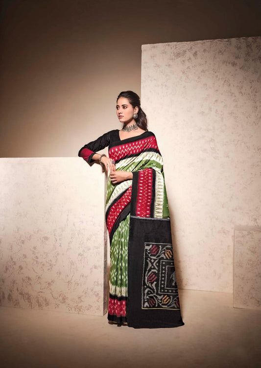 Black & Multi Coloured Soft Chanderi Cotton with Bagru Print Women Party wear Saree with Beautiful matching Blouse!!