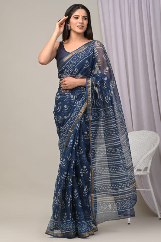 Blue & Multi Coloured Kota Doriya Cotton Beautiful Hand Block printed Women Daily/Party wear Saree with Blouse!!