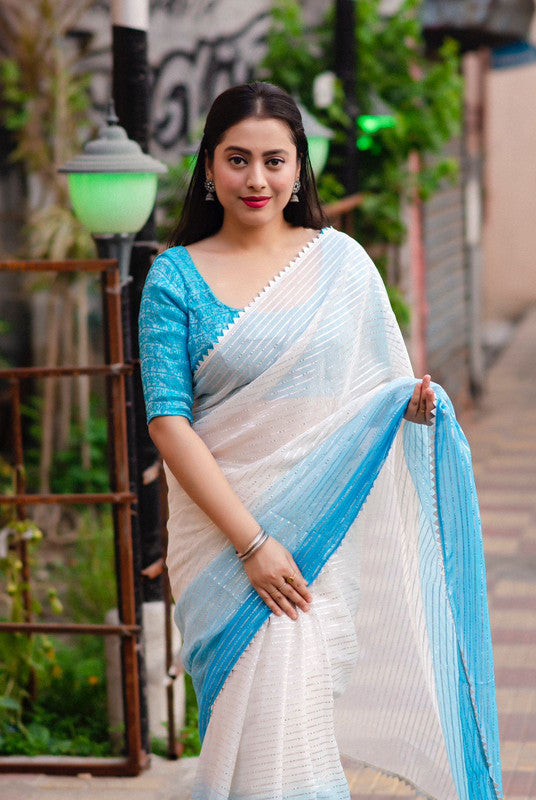 Buy Huts and Looms Silver White Tissue Saree without Blouse online