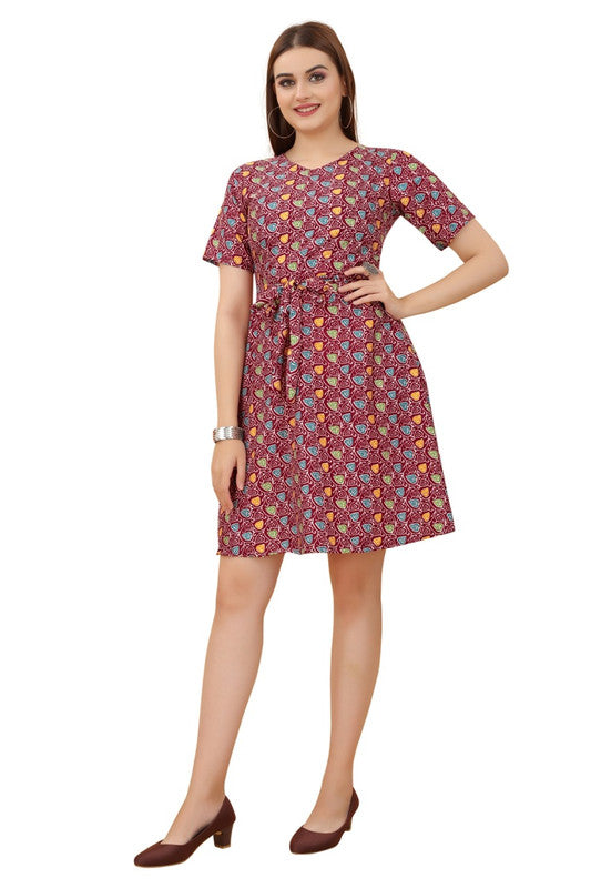 Dark Pink & Multi Coloured Premium Crepe Printed Short Sleeves Round Neck Women Daily wear Western Dress!!