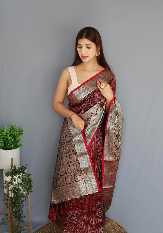 Maroon & Red Coloured Beautiful Shiny Checks with Rich Pallu and attractive Border Women Designer Party wear Soft Silk Saree with Blouse!!