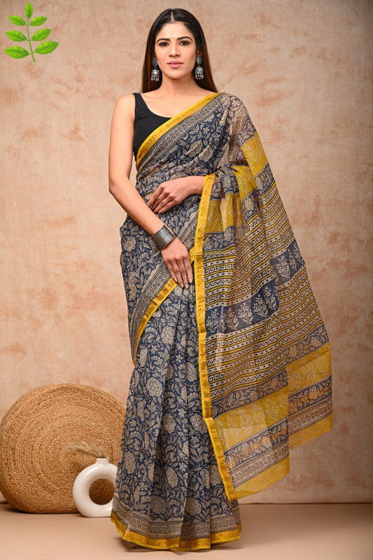 Blue & Multi Coloured Kota Doriya Cotton Beautiful Hand Block printed Women Daily/Party wear Saree with Blouse!!