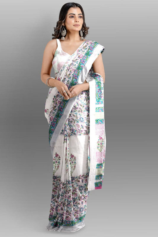 White & Multi Coloured Linen Cotton Beautiful Hand Block printed Women Daily/Party wear Saree with Blouse!!