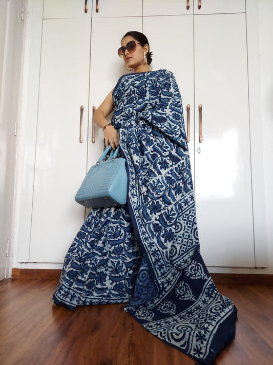 Hand Block Bagru Printed Soft Malmal Cotton Saree