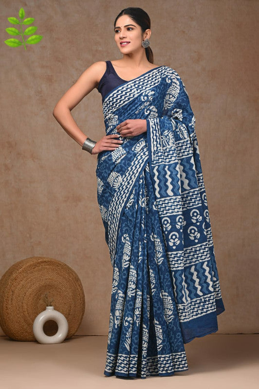 Blue & White Coloured Pure Cotton Beautiful Hand Block printed Women Daily/Party wear Saree with Blouse!!