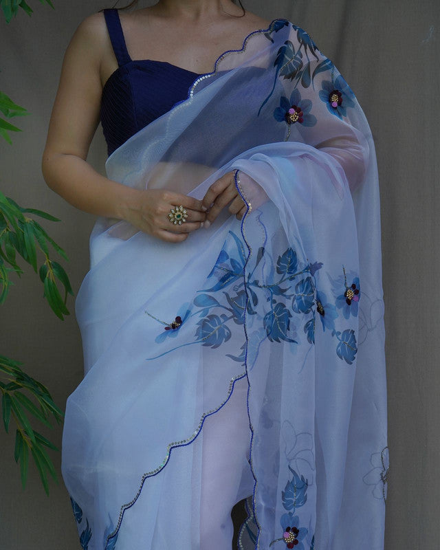 White & Multi Coloured Soft Organza with Digital Print & Hand work Women Designer Party wear Fancy Saree with Blouse!!