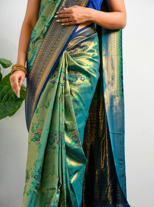 Pista Green & Blue Coloured Antique Weaving Heavy Golden Contrast Big Border Women Designer Party wear Pure Soft Kanjivaram Silk Saree with Blouse!!