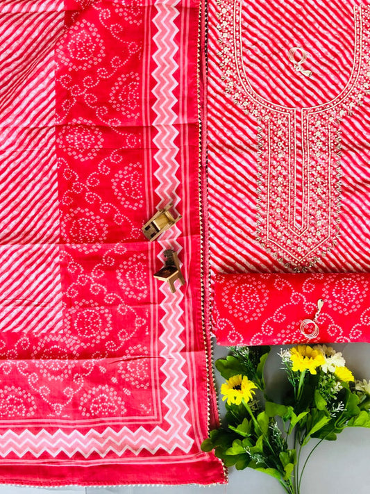 Red & White Coloured Cotton Unstitched Hand Block Printed Women Party/Daily wear Dress Material Suit- Top with Bottom & Cotton Dupatta!!