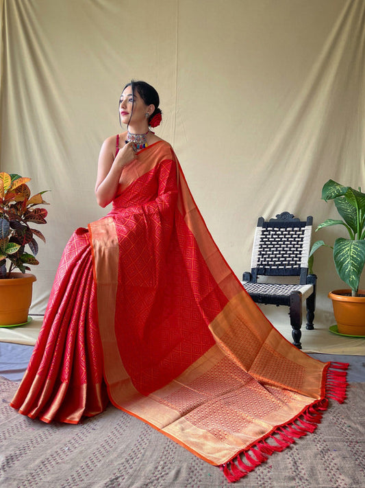 Red Coloured Bandhej Silk with Weaving Gold Zari Border Rich Pallu with Tassels Women Designer Party wear Saree with Blouse!!