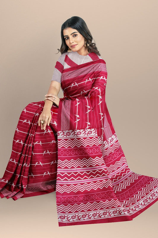 Maroon & White Coloured Premium Mul Mul Cotton Beautiful Hand Block printed Women Daily/Party wear Saree with Blouse!!