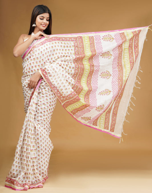 CHANDERI BLOCK PRINTED COTTON SAREE