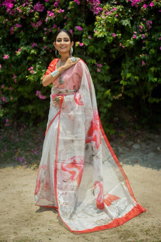 White & Red Coloured Pure Soft Oranza Silk with stylish Print & Fancy Border Women Party wear Oranza Silk Saree with Blouse!!