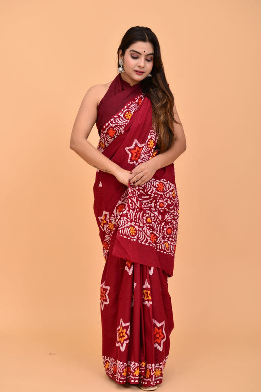 Maroon & Multi Coloured Pure Cotton with Beautiful Hand Block Printed Women Party/Daily wear Designer Cotton Saree with Blouse!!