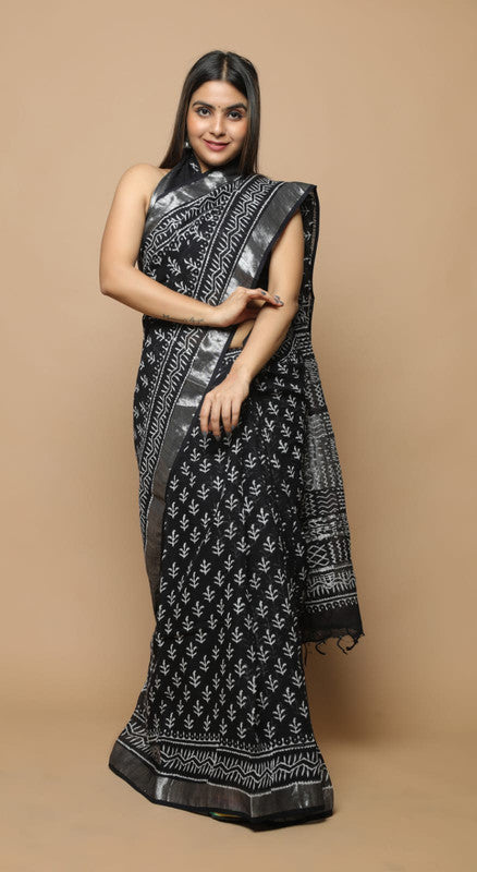 LINEN HAND BLOCK PRINT SAREE