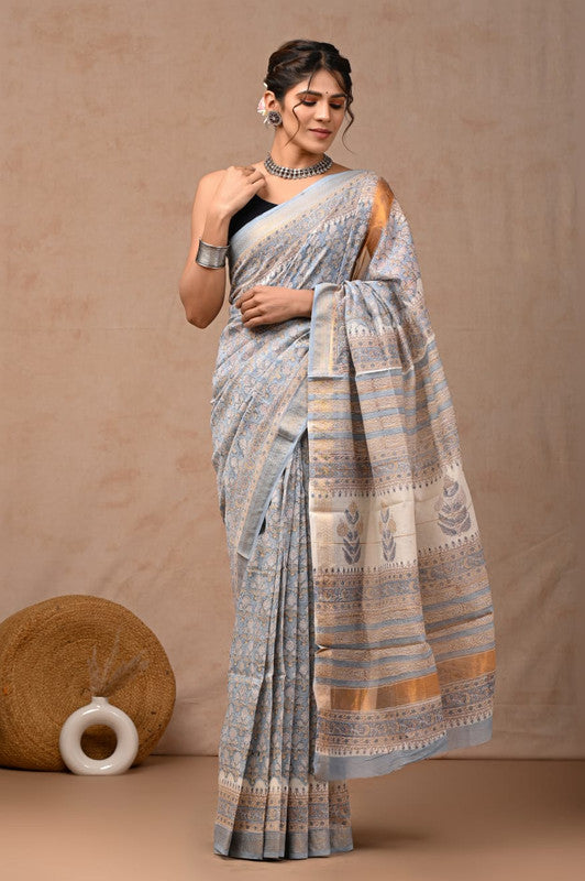 Blue & Multi Coloured Hand Block Printed Women Designer Party wear Maheshwari Cotton Silk Saree with Runnin Blouse!!