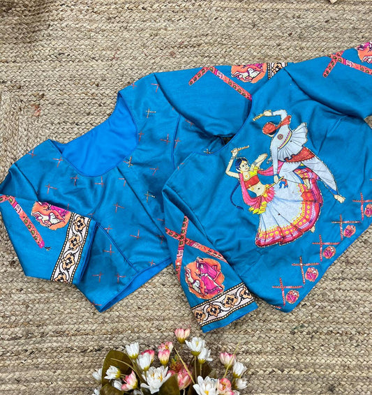 Blue & Multi Coloured Pure Silk with Hand work Woman Ready made Designer Botique Navaratri Dandiya Style Blouse- Free Size Up to 42 Inch!!