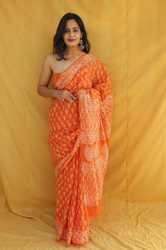 Orange & White Coloured Pure Cotton Beautiful Hand Block printed Women Daily/Party wear Saree with Blouse!!